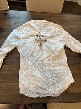 Y2K Body Central White Long Sleeve Embroidered Cross Pearl Snap Button Down